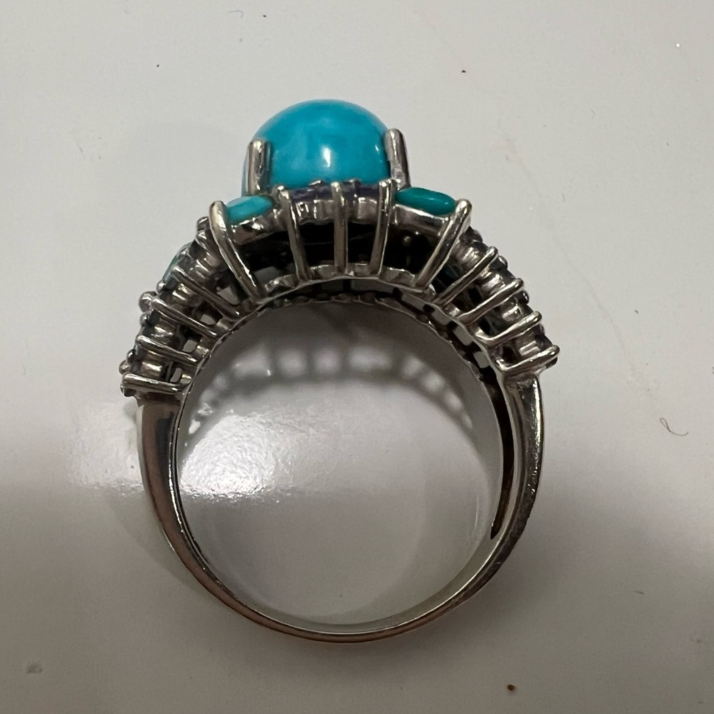 ESTATE SOLID PLUMB 14K WHITE GOLD W TURQUOISE, DIAMOND COCKTAIL RING S 8 EUC - Picture 6 of 8